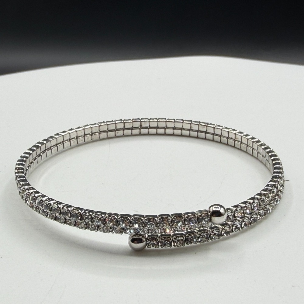 Clear Rhinestone Silver Tone Double Row Wrap Stretch Bracelet Bridal Glam Gift